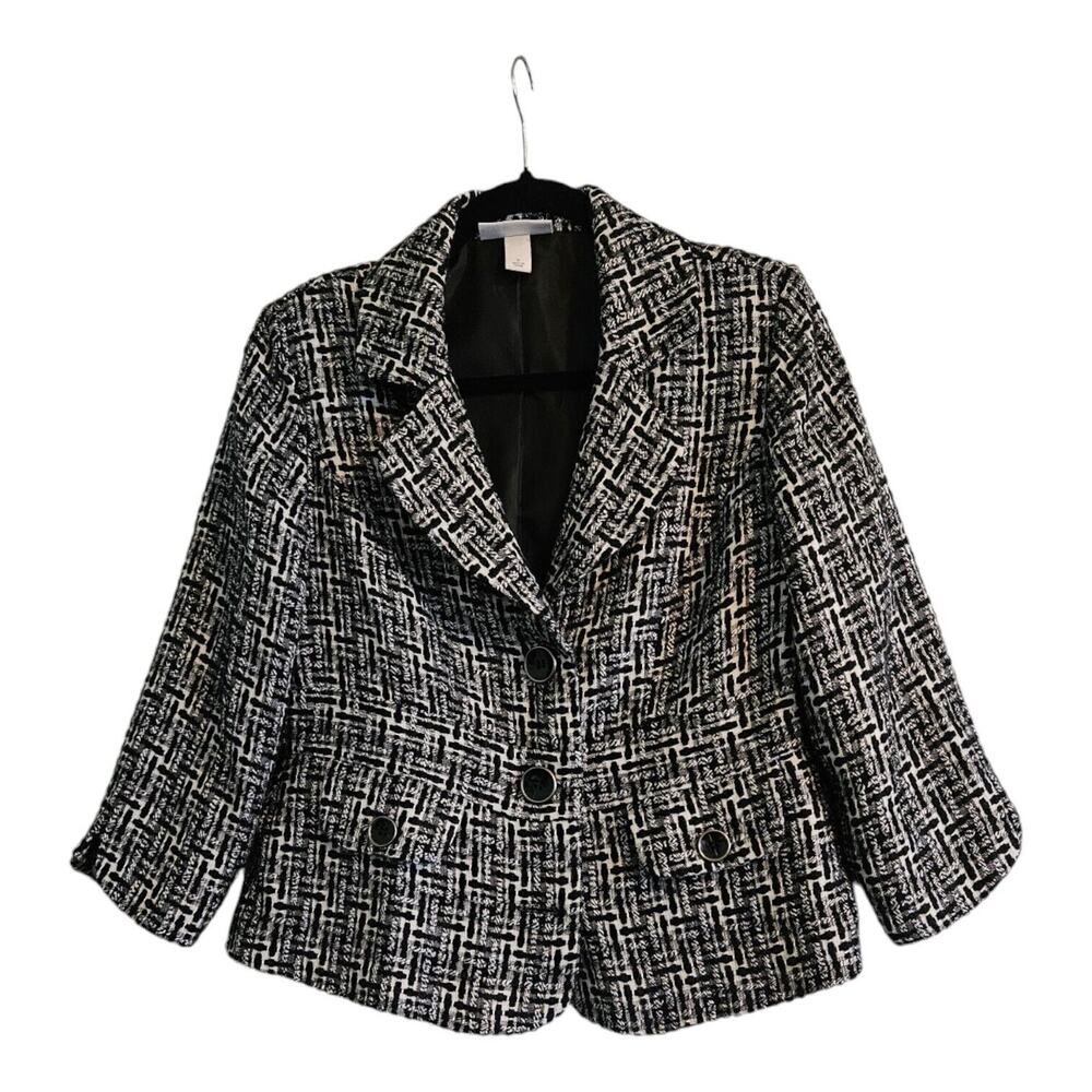 Dress Barn Womens Tweed Jacket Blazer Black White Lined Faux Pockets Size S